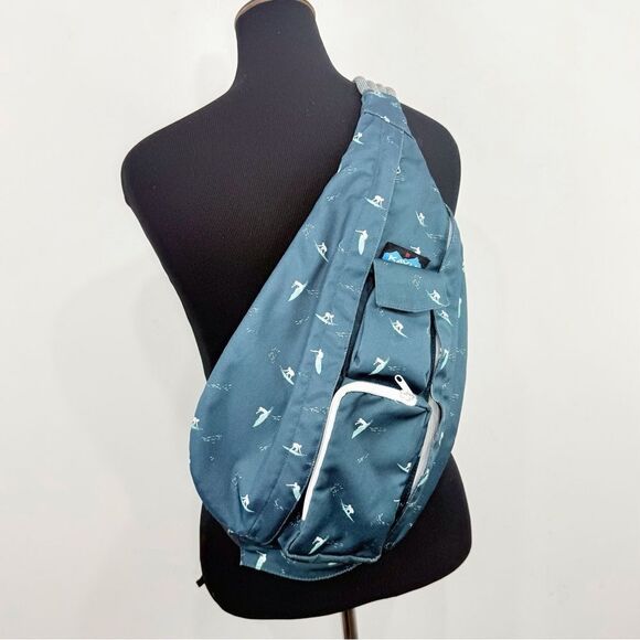 KAVU Green White Nylon Surfer Graphic Rope Strap Nylon Sling Bag - Picture 2 of 15